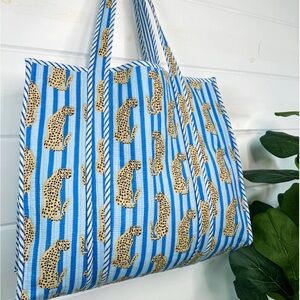 Blue Striped Jaguar Print Reversible Quilted Tote Bag